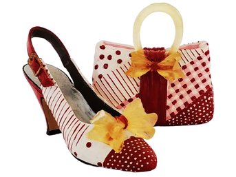 Vtg Miniature NOSTALGIA 'if The Shoe Fits' Red & White Sling Back High Heel Shoe & Purse Figurines