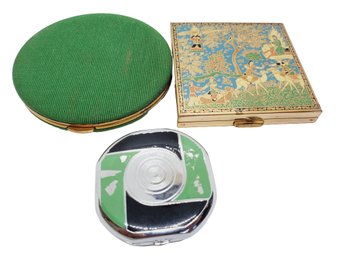 Three Vintage Makeup Compacts-lin Bren Green Fabric, Art Deco & Chinese Enamel