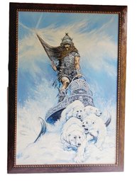 Vintage Framed Frank Frazetta's Silver Warrior Viking & White Polar Bears Painting On Canvas- Signed Laura O.