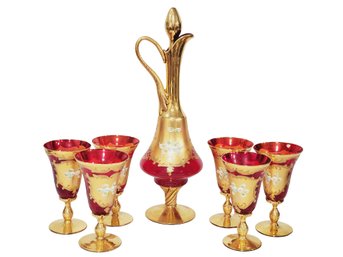 Stunning Vintage Tre Fuochi Italian Venetian Murano Glass Ruby Red 24K Gold Floral Decanter & Six Glasses