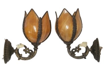 Pair Of Slag Glass Tulip Shade Amber Wall Sconces