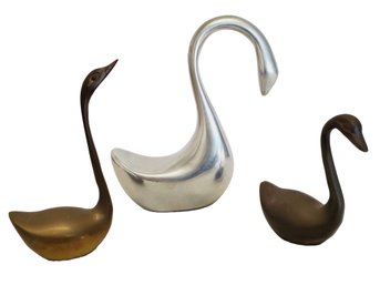 Trio Of Vintage Brass & Aluminum Swan Figurines - Including Signed Hoselton Canada Swan