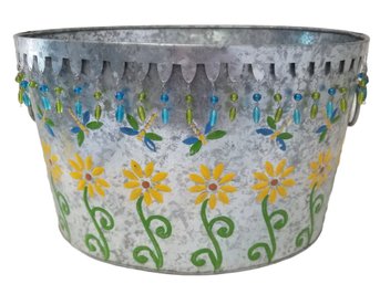 Floral & Dragonflies Hand Painted Galvanized Metal Tub With Beaded Rim Embellishment