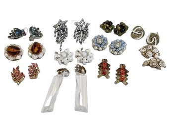 Vintage Selection Of 11 Pairs Of Colorful Rhinestone & Beaded Earrings (lot 6)