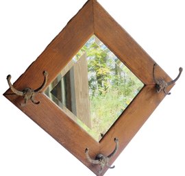 Antique Wall Mount Oak Beveled Edge Mirror Coat Hat Rack