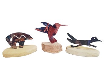 Set Of Three Metal Animal Figurines Set On Stone Bases