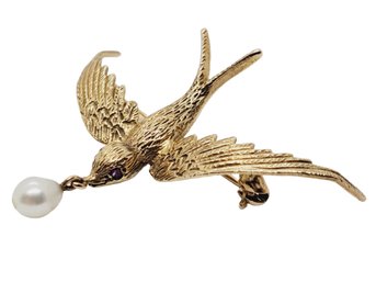 Vintage 14K Yellow Gold & Pearl Swallow Bird Pin Brooch