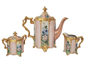 1950s Vintage Hand Painted Pottery Tea / Coffee Pot, Lidded Sugar Bowl & Creamer Set