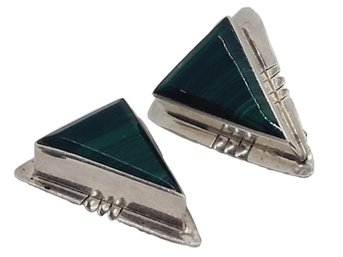 Vintage Pair Taxco Mexico Sterling Silver & Triangle Cut Malachite Stone Clip On Earrings - See Description