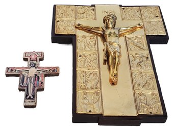 Two Religious Crucifix Crosses - Ornate Brass Stations Of The Cross On Wood