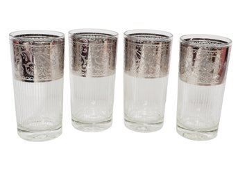 Four MCM Vintage Culver Tumblers With Silver Band And Textured Vertical Stripes