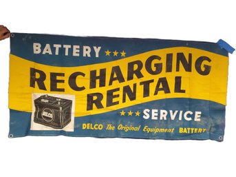 Vintage DELCO Battery Recharging Rental Service Hand Painted Store Advertising Banner