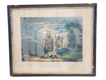 Antique Framed Currier & Ives Melrose Abbey Hand Colored Lithograph