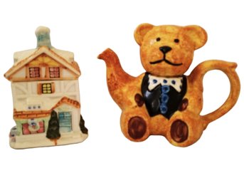 Tony Carter Teddy Bear Ceramic Mini Tea Pot & Houston Harvest Christmas House Tea Caddy