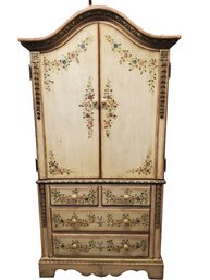 Lovely French Country Farmhouse Floral Design Hand Painted Dresser Armoire / Media Cabinet