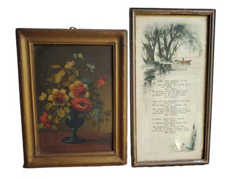 Antique Framed Floral Small Oil Painting & Framed Fisherman Poem Wall Art