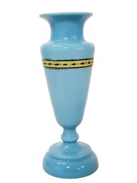 Vintage Hand Blown Blue Opaline Glass Bud Vase With Hand Painted Band Accent - Greek Styling