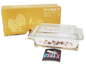 NOS Pyrex Golden Pine 2 Quart Casserole Dish With Cradle & Glass Lid In Original Bob - Never Used