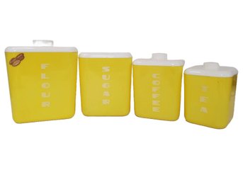 NOS Columbus Plastic Products Lustro-Ware Bright Yellow & White Kitchen Canister Set With Original Box