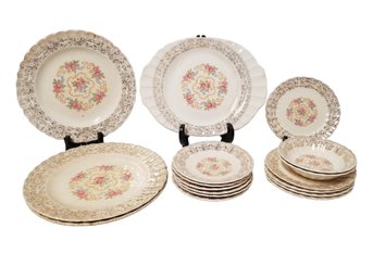 Antique Floral Design Scallop Edge Dish Separates: Dinner Plates, Cake Platter, Dessert Plates