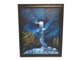 Framed Oil Painting Of A Waterfall On Black Signed By Artist - 4th Place Winner Missouri County Fair