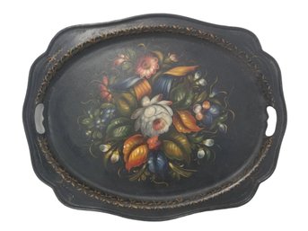 Vintage Russian Hand Painted Floral Toleware Black Serving Tray - Made In Russia