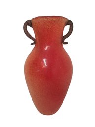 Vintage Red Glass Hand Blown Wall Pocket Vase With Brown Handles