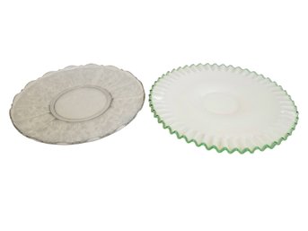 Large Low Rise Fenton 15' Milk Glass And Cambridge 14'etched Glass Round Serving Plates