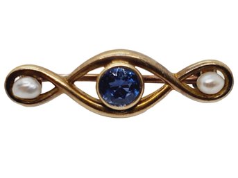 Dainty Antique Eduardian 14K Yellow Gold, Sapphire & Seed Pearl Infinity Pin Brooch (Bag D)