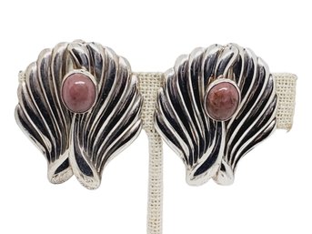 Retro Vintage Pair Sterling Silver Signed Luna Booth Large Clip On Earrings With Pink Stones (Bag D)