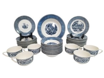 Vintage Currier & Ives Blue & White Separates Set - 37 Pieces