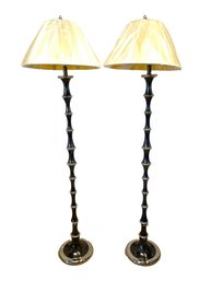 Two Contemporary Black & Silver Floor Lamps With Pleated Shades