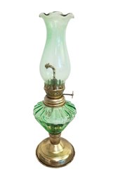 Vintage Small Green Light Teal Pressed Glass And Brass Oil Lamp