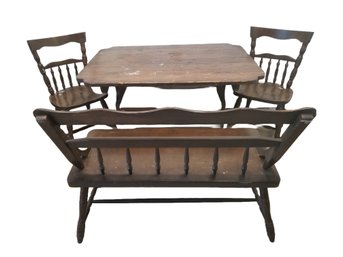 Vintage Pine Hutch Dining Table, 2 Chairs & Bench Seat Set - Made In Yugoslavia