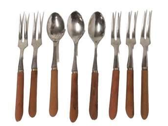 1960's Mini Cocktail Forks & Spoons Stainless Steel With Wood Handles - Made In Japan