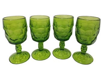 4 Vintage Small Green Honeycomb Goblet Glasses