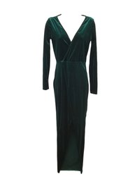 Long Sleeve Emerald Green Velour Dress With Deep V-Neck & Front Slit - Size M