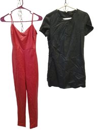 Faux Leather Spaghetti Strap Red Jumpsuit Romper & Short Sleeve Black Dress - Medium & Small