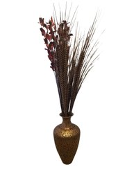 Pierced Large Gold Tone Metal Decorative Vase With Dried Grasses & Flowers