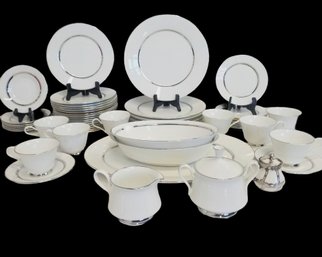 Vintage Oxford By Lenox White Echo Bone China Platinum Trim Dinnerware & Oval Servers