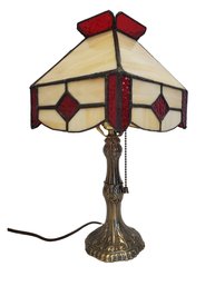 Small Red & Cream Stained Glass Table Lamp With Antiqued Bronze Look Cast Base