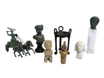 Collection Of Miniature Greek & Roman Sculptures: Portrait Head Augustus, Metal Achilles Chariot & More