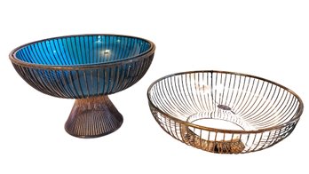 Vintage MCM Raimond & Gorham Silverplate Wire Bread Serving Baskets One With Teal Swedish Glass Insert Bowl