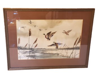 1969 Vintage Framed Signed Watercolor Of Ducks Waterfowl