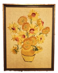 Vintage Mid Century Modern Needlepoint Sunflowers Framed Wall Art