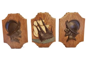 Trio Of Vintage MCM Spanish Ship & Soldiers Hand Painted Ceramic Mold Wall Hangings