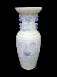 Large Vintage Chinese Blue & White Floor Vase With Floral Accents