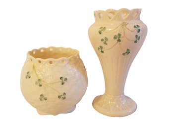 Vintage Porcelain Belleek Shamrock Bowl Vase Shamrock Reticulated Vase
