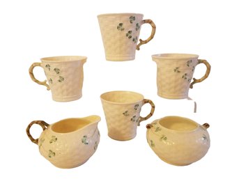 Vintage Porcelain Belleek Coffee Cups, Creamer & Open Sugar Bowl