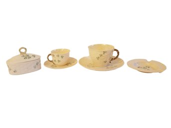 Vintage Porcelain Belleek Teacup, Espresso Cup, Saucers, Trinket Box & Ashtray